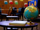A globe placed on a table in an empty classroom, with chairs arranged around it.